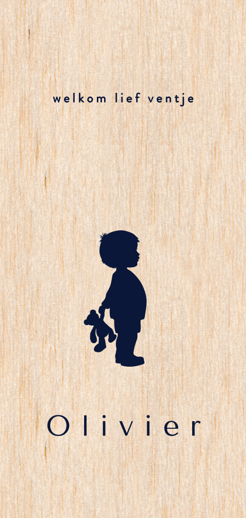 Echt houten silhouet geboortekaartje voor een jongen