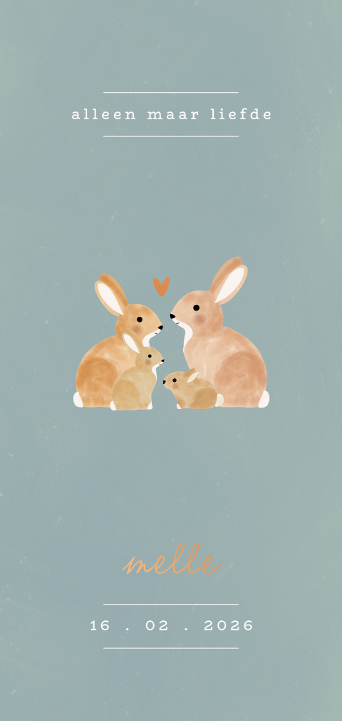 Geboortekaartje met konijntjes, koperfolie en ronde hoeken