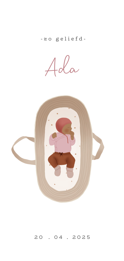 Geboortekaartje op karton met een baby in een mandje en ronde hoeken