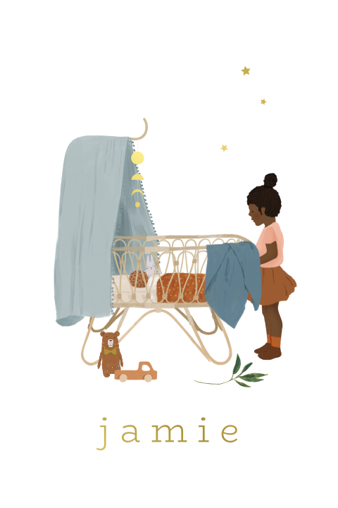 Geboortekaartje met een grote zus naast een rotan wiegje en goudfolie