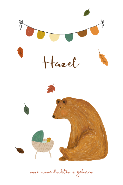 Herfst geboortekaartje met een wiegje en beer