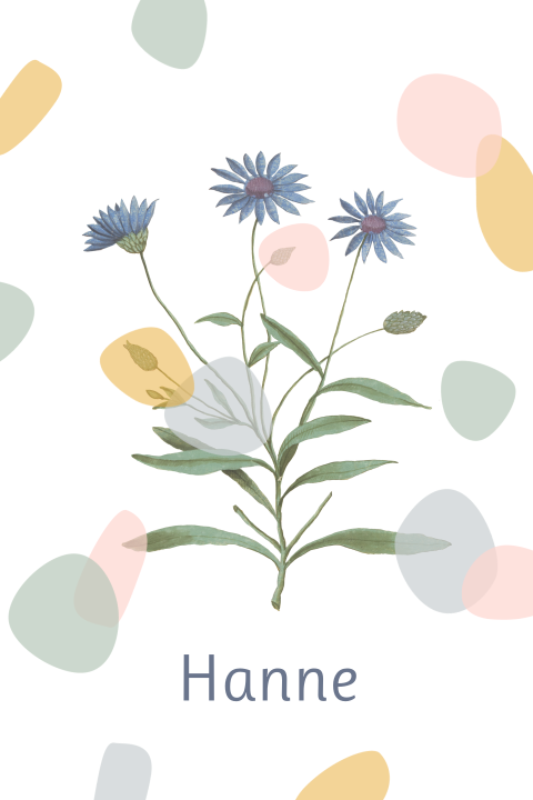 Geboortekaartje met blauwe bloem en grafische elementen