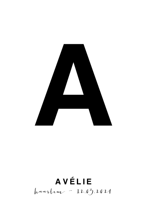 Modern typografisch geboortekaartje met een grote letter
