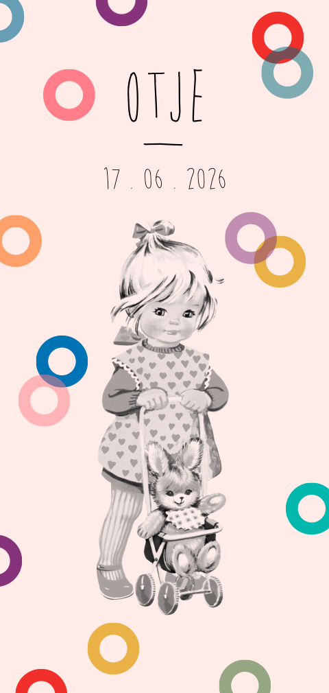 Retro geboortekaartje met gekleurde cirkels voor een meisje