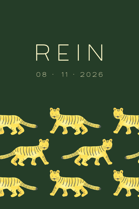 Stoer geboortekaartje met watercolor tijgers op groene achtergrond