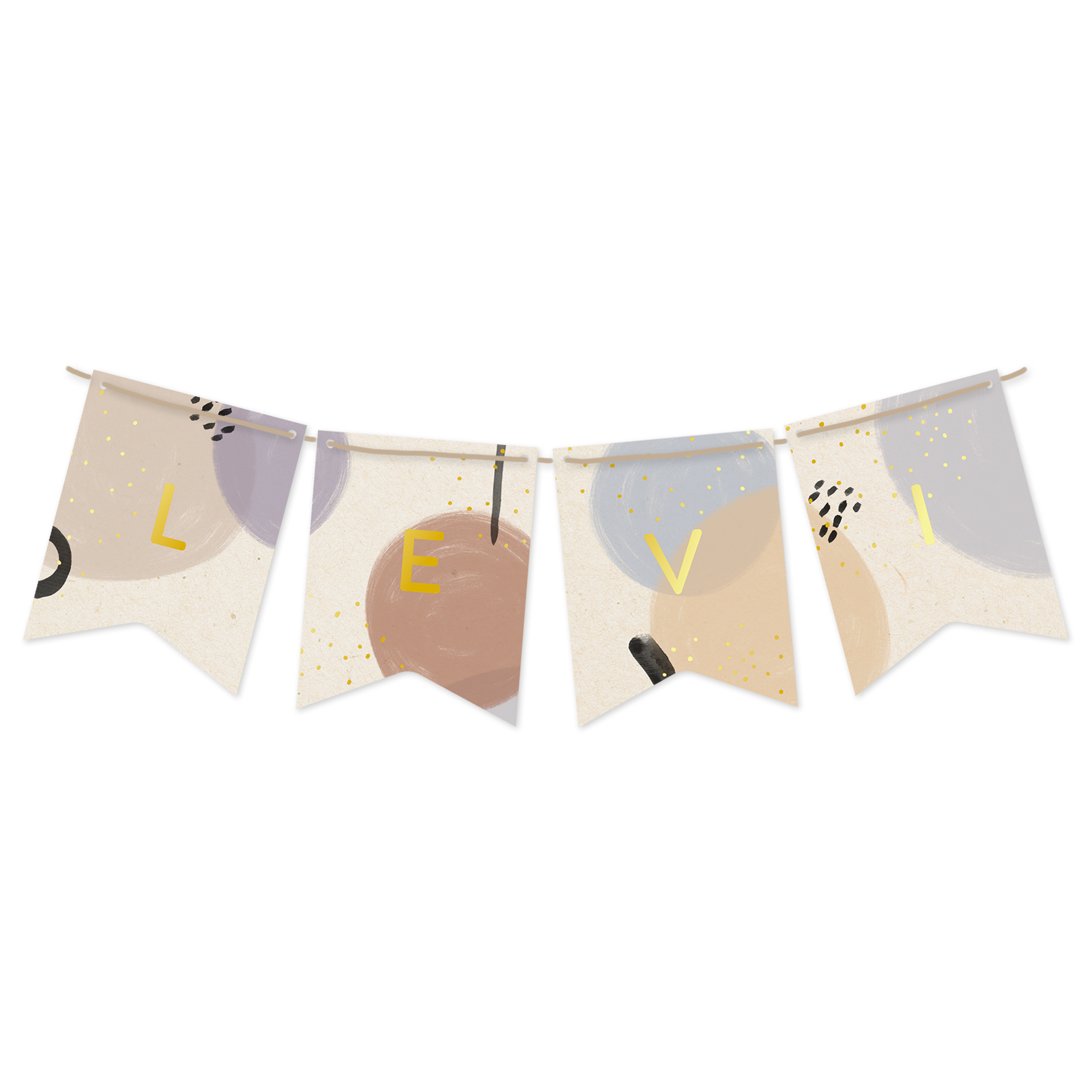 Vlaggetjes geboortekaartje met waterverf elementen en goudfolie