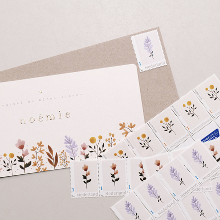 bloemen geboortekaartje foliekaartje foliedruk postzegels