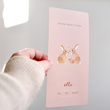 geboortekaartje foliekaartje koperfolie konijntjes familie hartje blauw roze