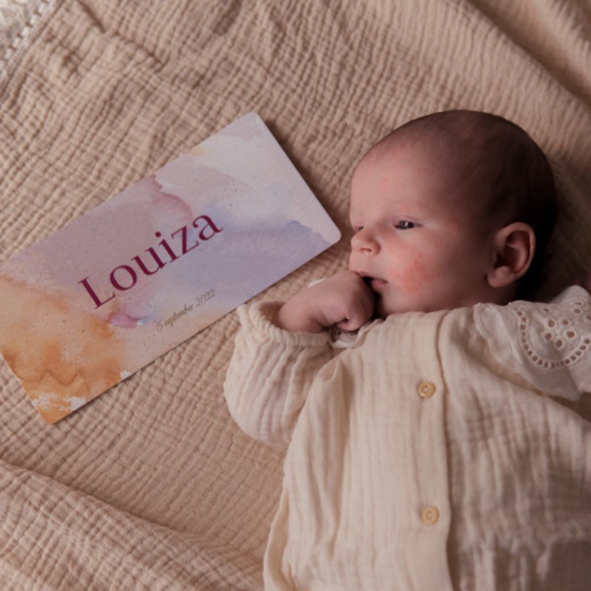 geboortekaartje goudfolie foliekaartje foliedrukkaartje foliedruk watercolor blauwroze newborn baby louiza
